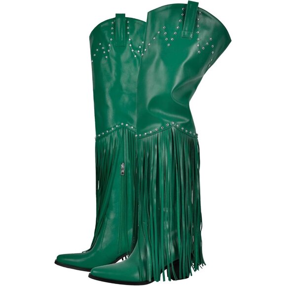 Women Green Synthetic Fringe Thigh High Tassel Wide Over Knee Pointed Toe Boot - Picture 1 of 4